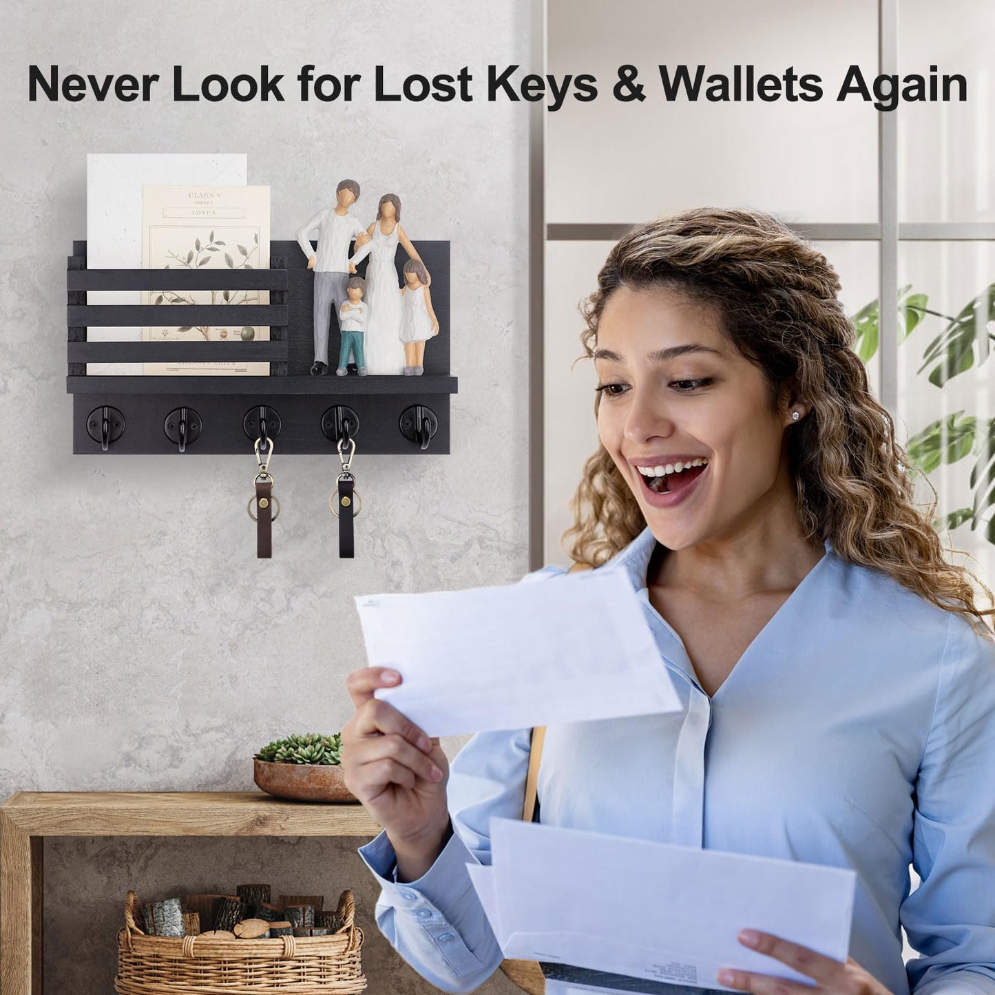 Wall-Mounted Key & Mail Organizer | Entryway Key Holder with 5 Hooks and Mail Slots, 11.8-Inch Wall Organizer for Wallets, Letters & Everyday Essentials