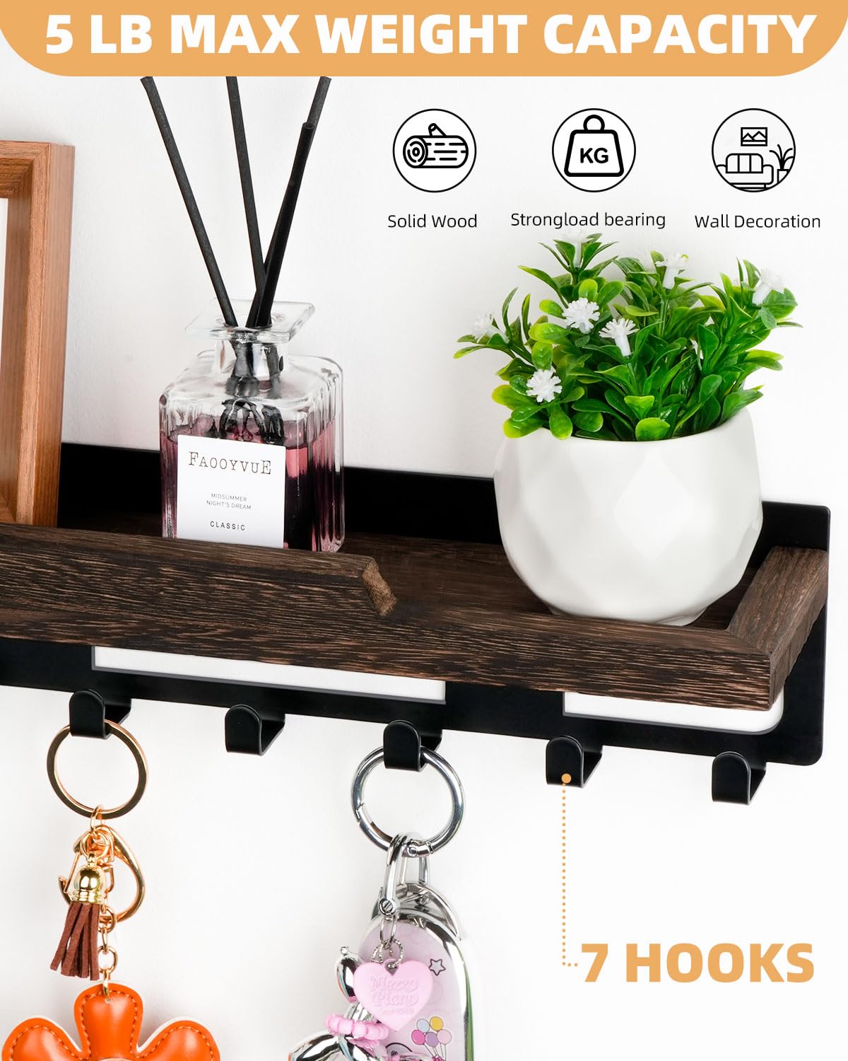 7-Hook Wooden Wall-Mounted Key Holder | Entryway Key Organizer with Shelf, No-Drill / Screw-Mount Wall Hook Rack