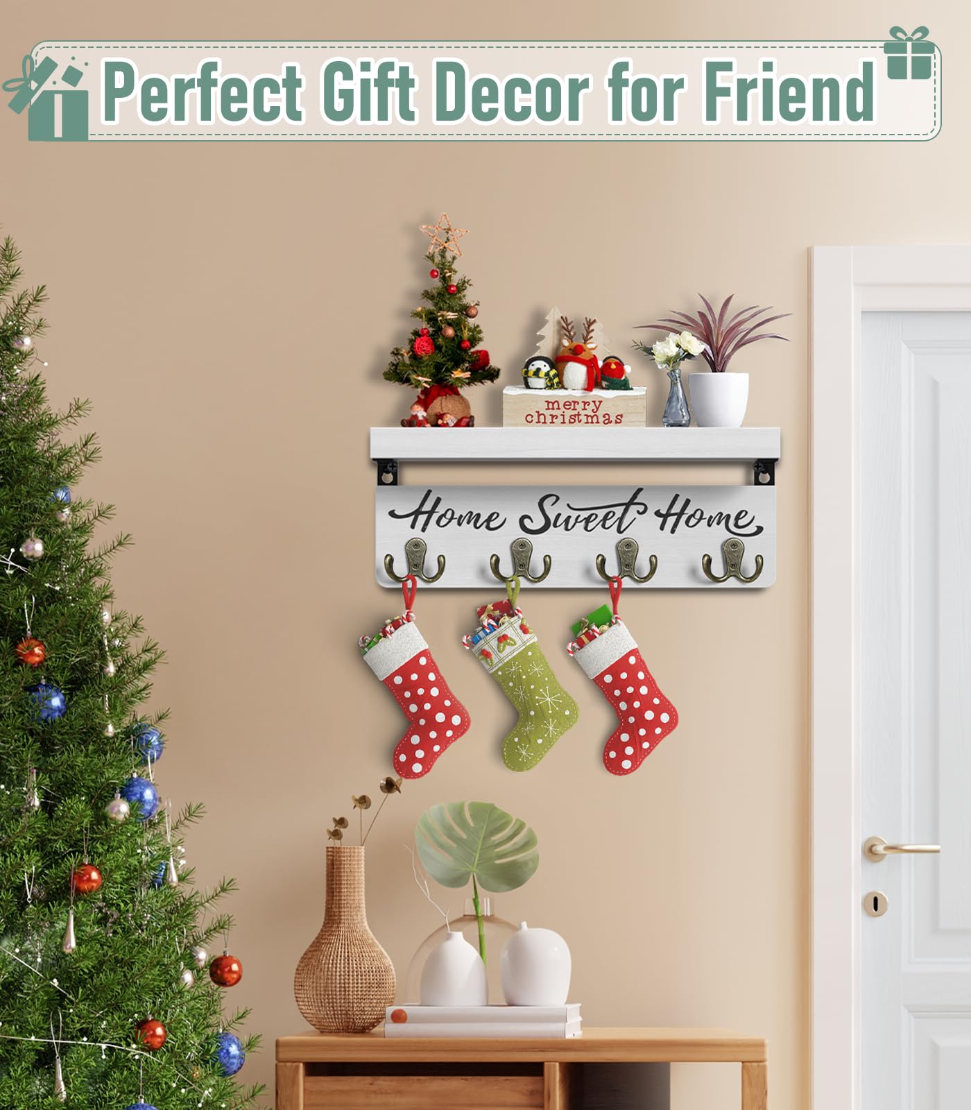 Home Sweet Home Wooden Wall-Mounted Key Holder | Entryway Key Organizer with 4 Hooks and Shelf, 14.7-Inch Wall Storage Rack for Mail, Wallets & Everyday Essentials