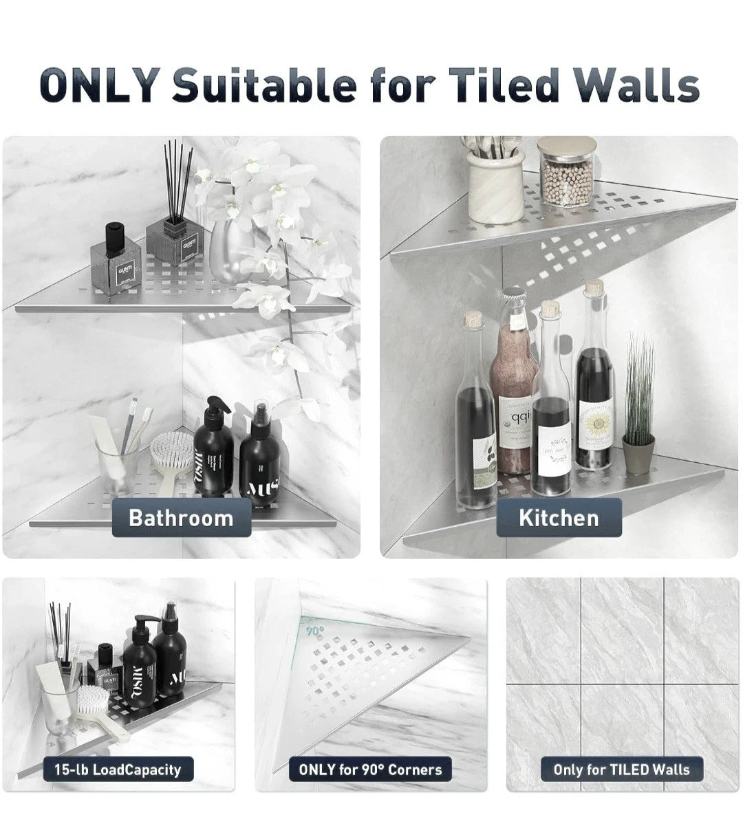 304 Stainless Steel Bathroom Corner Shelf | No-Drill Shower Corner Organizer for Tile Walls, Corner Storage Shelf for Shampoo & Body Wash
