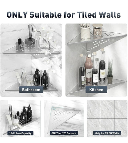 304 Stainless Steel Bathroom Corner Shelf | No-Drill Shower Corner Organizer for Tile Walls, Corner Storage Shelf for Shampoo & Body Wash