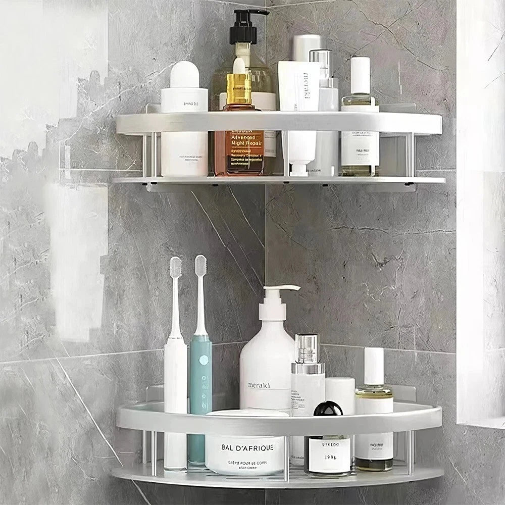 No-Drill Aluminum Bathroom Corner Shelf | Strong Adhesive Shower Corner Organizer, 22LB Capacity Shelf for Shampoo & Body Wash