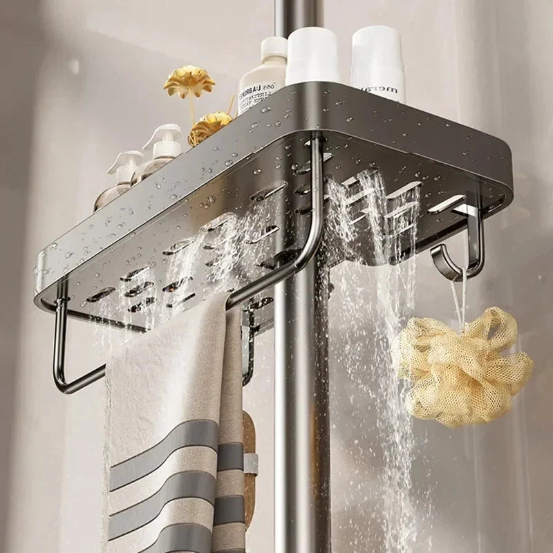 Shower Rod Bathroom Shelf | No-Drill Adjustable Shower Organizer for Shampoo & Body Wash, Space-Saving Bathroom Shelf with Hooks and Towel Bar
