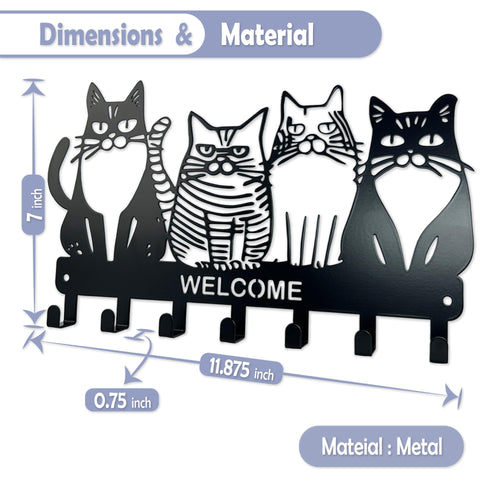 Cat Wall-Mounted Key Holder | 6-Hook No-Drill Entryway Key Rack, Metal Wall Hook for Kitchen, Bathroom & Home Organization
