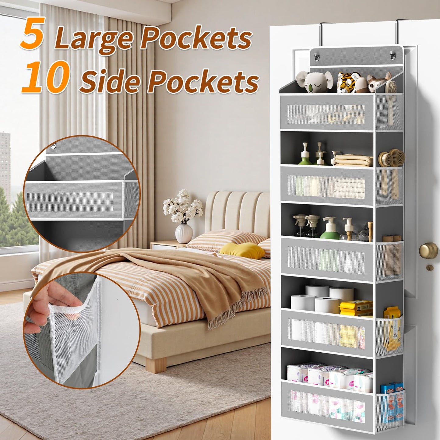 Over-the-Door Hanging Storage Organizer | 5 Large Pockets + 10 Side Pockets, 44LB Heavy-Duty Organizer for Bedroom, Bathroom & Nursery