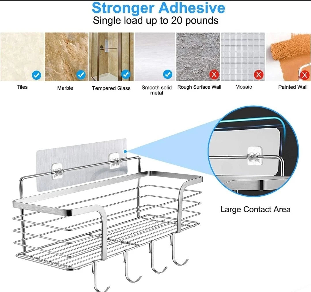 No-Drill Bathroom Shower Shelf | Strong Adhesive SUS304 Stainless Steel Shower Organizer with Hooks for Shampoo & Body Wash