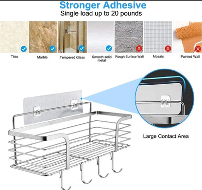 No-Drill Bathroom Shower Shelf | Strong Adhesive SUS304 Stainless Steel Shower Organizer with Hooks for Shampoo & Body Wash