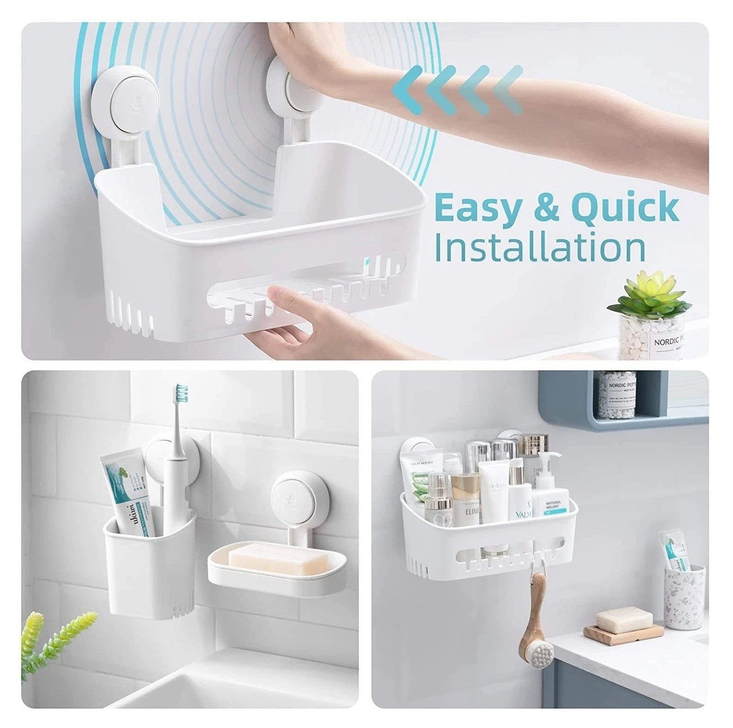 No-Drill Suction Cup Bathroom Shelf | 1-Second Installation Shower Organizer, Wall-Mounted Bathroom Storage Basket for Shampoo & Body Wash