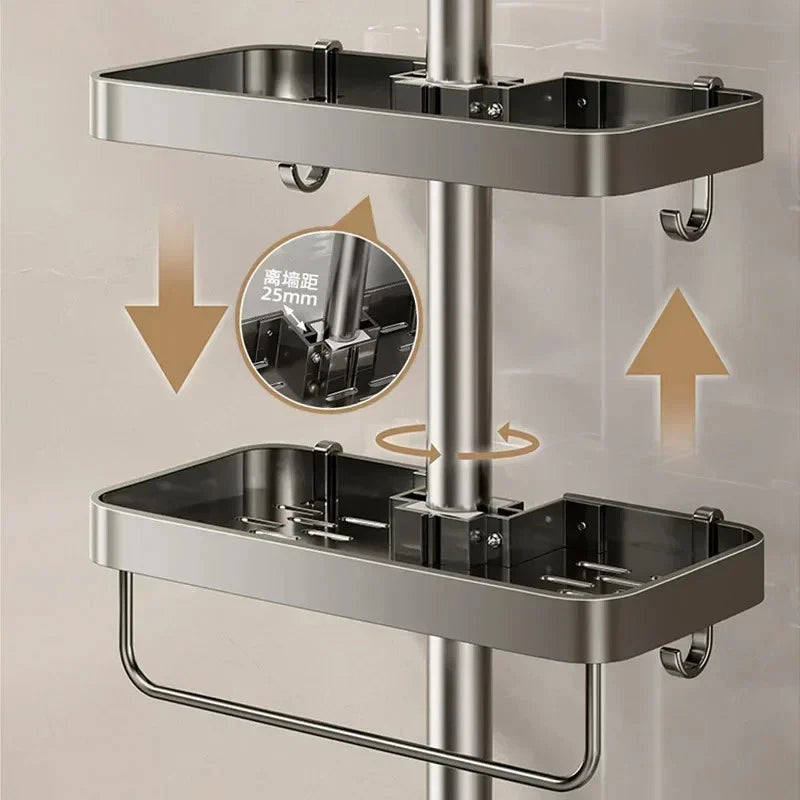 Shower Rod Bathroom Shelf | No-Drill Adjustable Shower Organizer for Shampoo & Body Wash, Space-Saving Bathroom Shelf with Hooks and Towel Bar