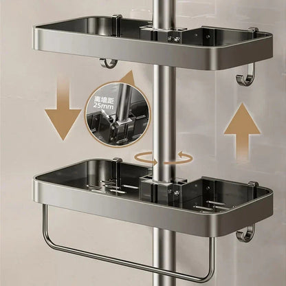 Shower Rod Bathroom Shelf | No-Drill Adjustable Shower Organizer for Shampoo & Body Wash, Space-Saving Bathroom Shelf with Hooks and Towel Bar