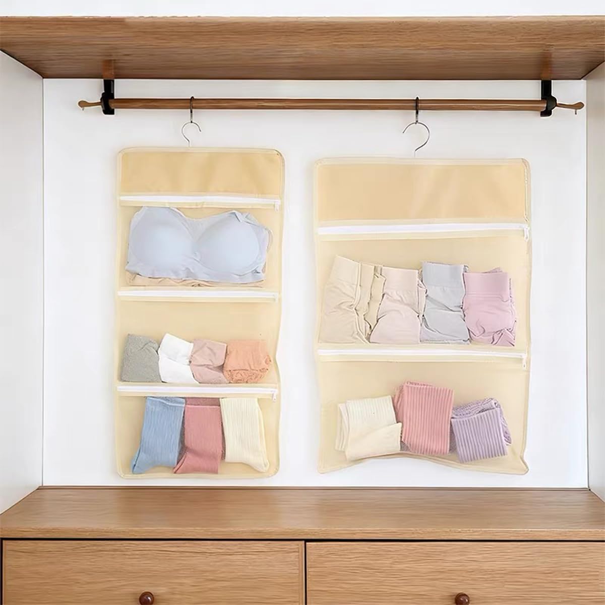 2-Piece Hanging Closet Organizer Set | 2-Tier + 3-Tier Underwear and Sock Organizer with Zipper Opening and Breathable Mesh Storage Bags
