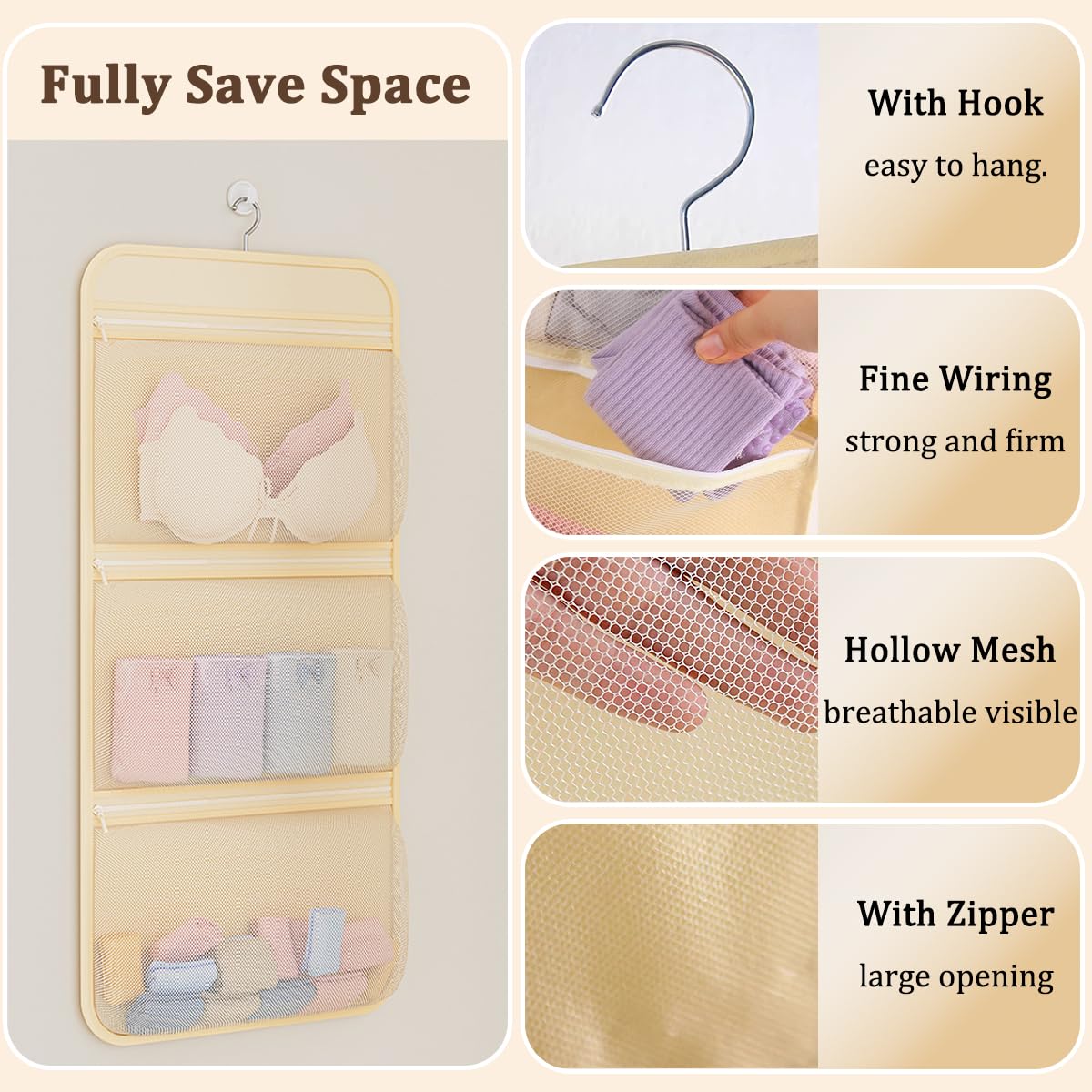 2-Piece Hanging Closet Organizer Set | 2-Tier + 3-Tier Underwear and Sock Organizer with Zipper Opening and Breathable Mesh Storage Bags