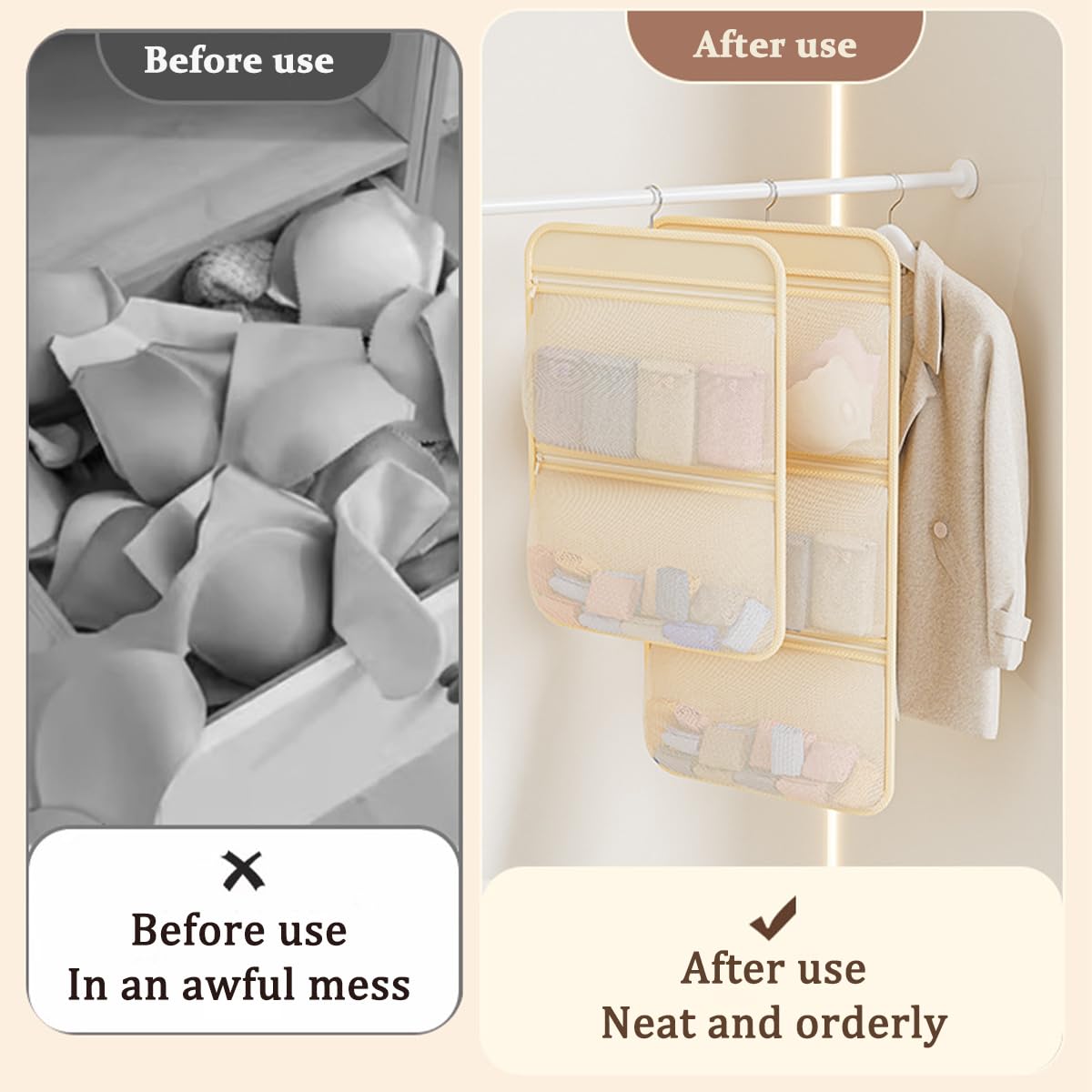 2-Piece Hanging Closet Organizer Set | 2-Tier + 3-Tier Underwear and Sock Organizer with Zipper Opening and Breathable Mesh Storage Bags