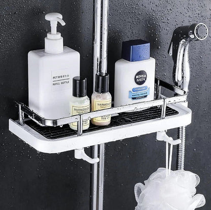 No-Drill Shower Pole Bathroom Shelf | Detachable Shower Organizer with 2 Hooks for Shampoo, Body Wash, and Bathroom Essentials