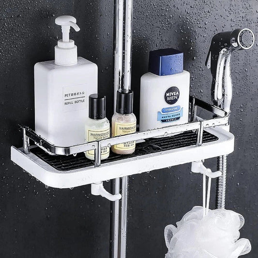 No-Drill Shower Pole Bathroom Shelf | Detachable Shower Organizer with 2 Hooks for Shampoo, Body Wash, and Bathroom Essentials