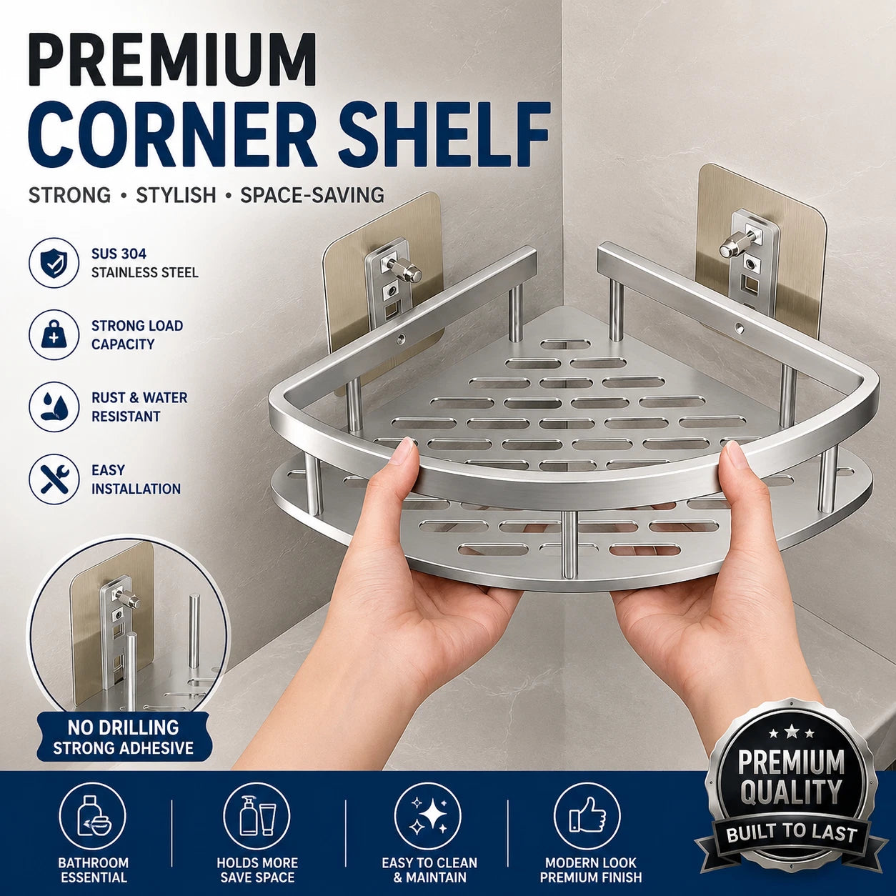 No-Drill Aluminum Bathroom Corner Shelf | Strong Adhesive Shower Corner Organizer, 22LB Capacity Shelf for Shampoo & Body Wash