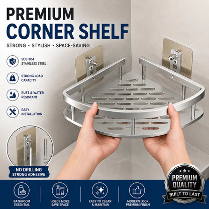 No-Drill Aluminum Bathroom Corner Shelf | Strong Adhesive Shower Corner Organizer, 22LB Capacity Shelf for Shampoo & Body Wash
