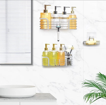 No-Drill Bathroom Shower Shelf | Strong Adhesive SUS304 Stainless Steel Shower Organizer with Hooks for Shampoo & Body Wash
