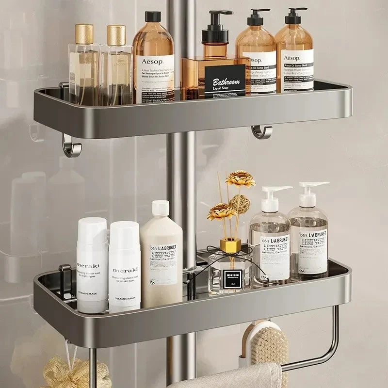 Shower Rod Bathroom Shelf | No-Drill Adjustable Shower Organizer for Shampoo & Body Wash, Space-Saving Bathroom Shelf with Hooks and Towel Bar