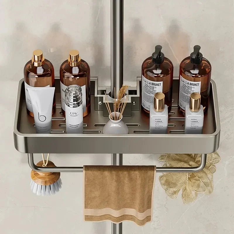 Shower Rod Bathroom Shelf | No-Drill Adjustable Shower Organizer for Shampoo & Body Wash, Space-Saving Bathroom Shelf with Hooks and Towel Bar