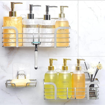 No-Drill Bathroom Shower Shelf | Strong Adhesive SUS304 Stainless Steel Shower Organizer with Hooks for Shampoo & Body Wash