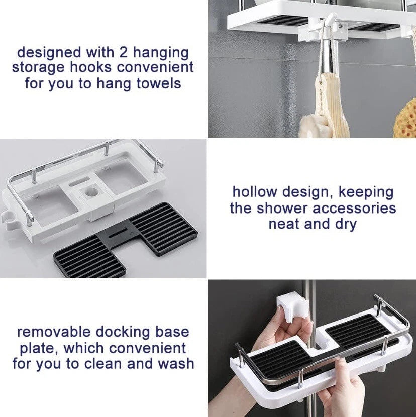 No-Drill Shower Pole Bathroom Shelf | Detachable Shower Organizer with 2 Hooks for Shampoo, Body Wash, and Bathroom Essentials