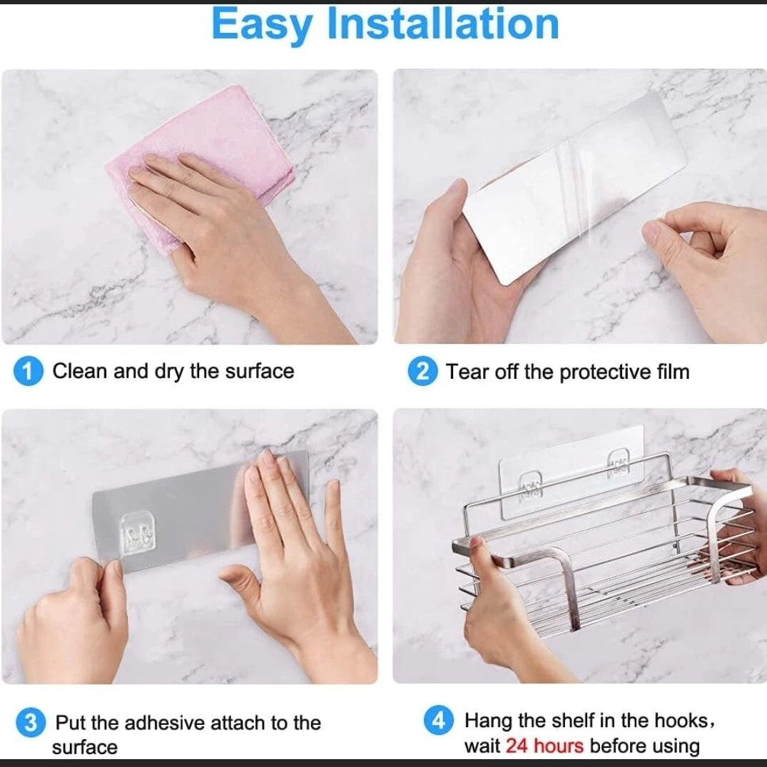 No-Drill Bathroom Shower Shelf | Strong Adhesive SUS304 Stainless Steel Shower Organizer with Hooks for Shampoo & Body Wash