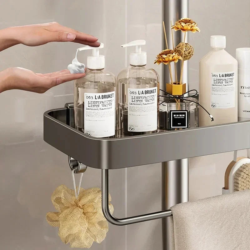 Shower Rod Bathroom Shelf | No-Drill Adjustable Shower Organizer for Shampoo & Body Wash, Space-Saving Bathroom Shelf with Hooks and Towel Bar