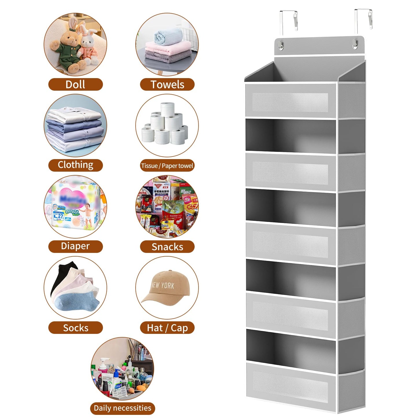 Over-the-Door Hanging Storage Organizer | 5 Large Pockets + 10 Side Pockets, 44LB Heavy-Duty Organizer for Bedroom, Bathroom & Nursery