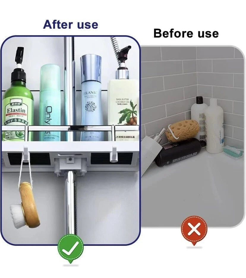 No-Drill Shower Pole Bathroom Shelf | Detachable Shower Organizer with 2 Hooks for Shampoo, Body Wash, and Bathroom Essentials