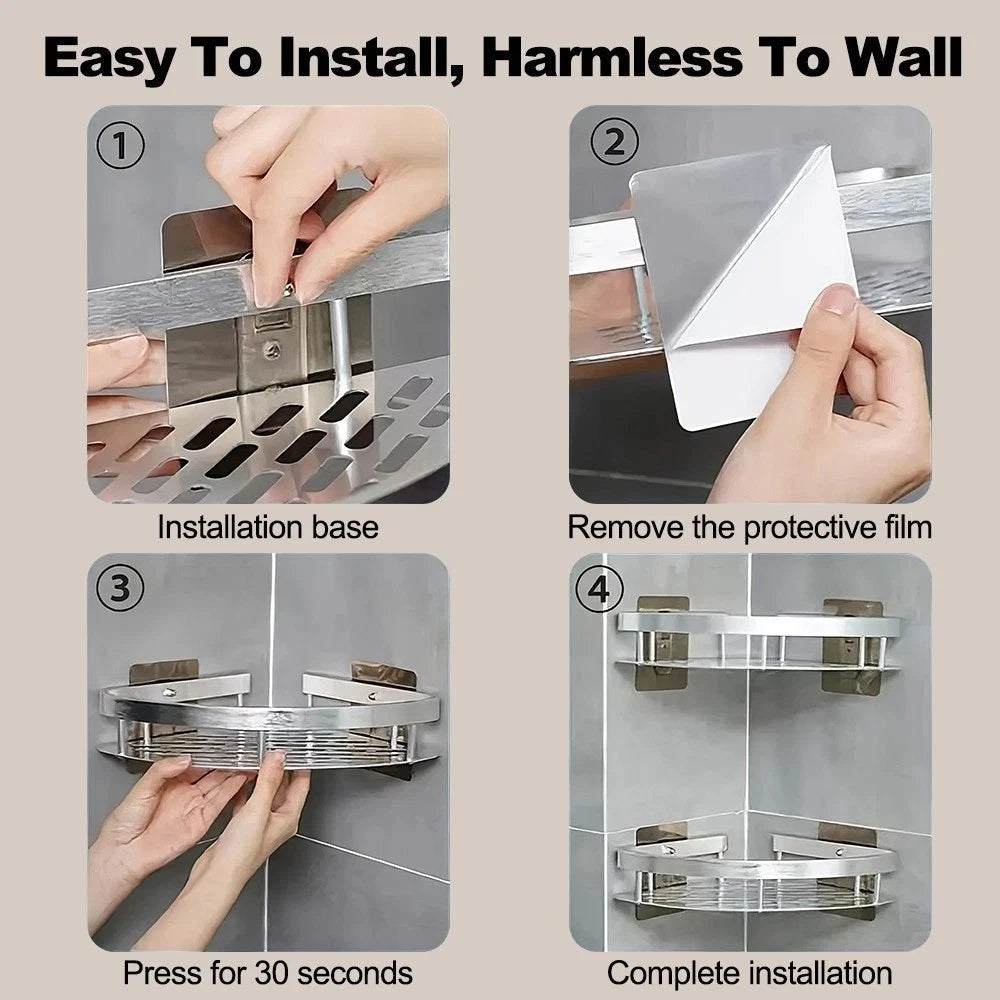 No-Drill Aluminum Bathroom Corner Shelf | Strong Adhesive Shower Corner Organizer, 22LB Capacity Shelf for Shampoo & Body Wash