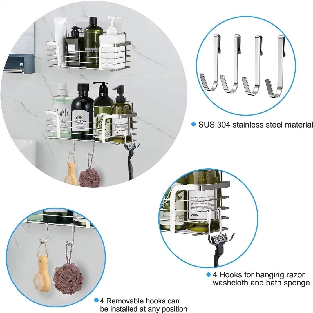 No-Drill Bathroom Shower Shelf | Strong Adhesive SUS304 Stainless Steel Shower Organizer with Hooks for Shampoo & Body Wash
