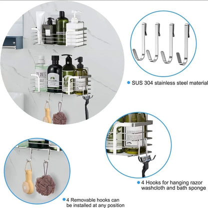 No-Drill Bathroom Shower Shelf | Strong Adhesive SUS304 Stainless Steel Shower Organizer with Hooks for Shampoo & Body Wash