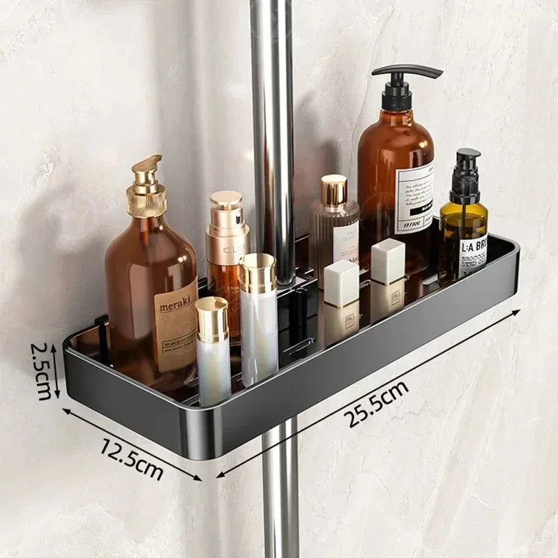 Shower Rod Bathroom Shelf | No-Drill Adjustable Shower Organizer for Shampoo & Body Wash, Space-Saving Bathroom Shelf with Hooks and Towel Bar