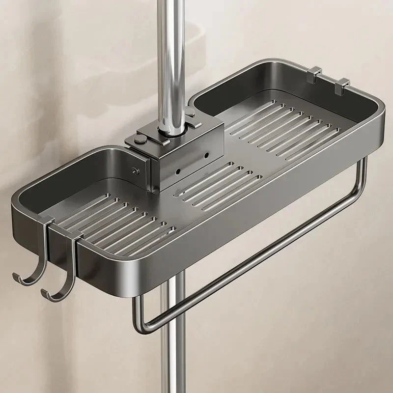 Shower Rod Bathroom Shelf | No-Drill Adjustable Shower Organizer for Shampoo & Body Wash, Space-Saving Bathroom Shelf with Hooks and Towel Bar