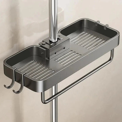 Shower Rod Bathroom Shelf | No-Drill Adjustable Shower Organizer for Shampoo & Body Wash, Space-Saving Bathroom Shelf with Hooks and Towel Bar