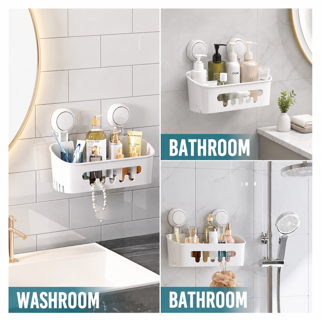 No-Drill Suction Cup Bathroom Shelf | 1-Second Installation Shower Organizer, Wall-Mounted Bathroom Storage Basket for Shampoo & Body Wash