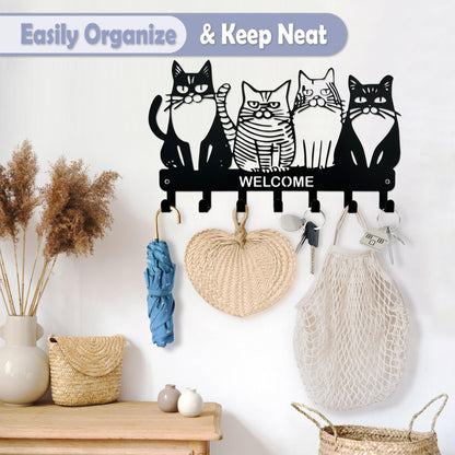Cat Wall-Mounted Key Holder | 6-Hook No-Drill Entryway Key Rack, Metal Wall Hook for Kitchen, Bathroom & Home Organization