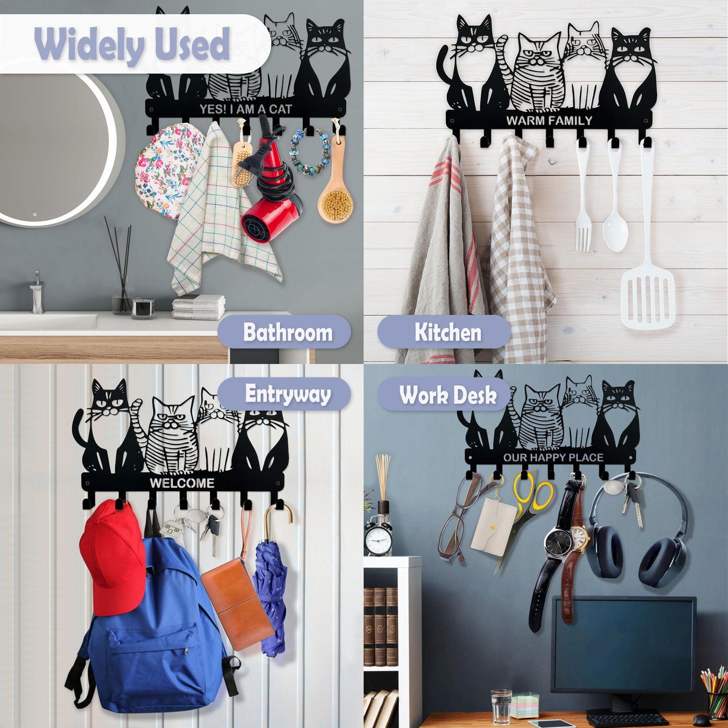 Cat Wall-Mounted Key Holder | 6-Hook No-Drill Entryway Key Rack, Metal Wall Hook for Kitchen, Bathroom & Home Organization