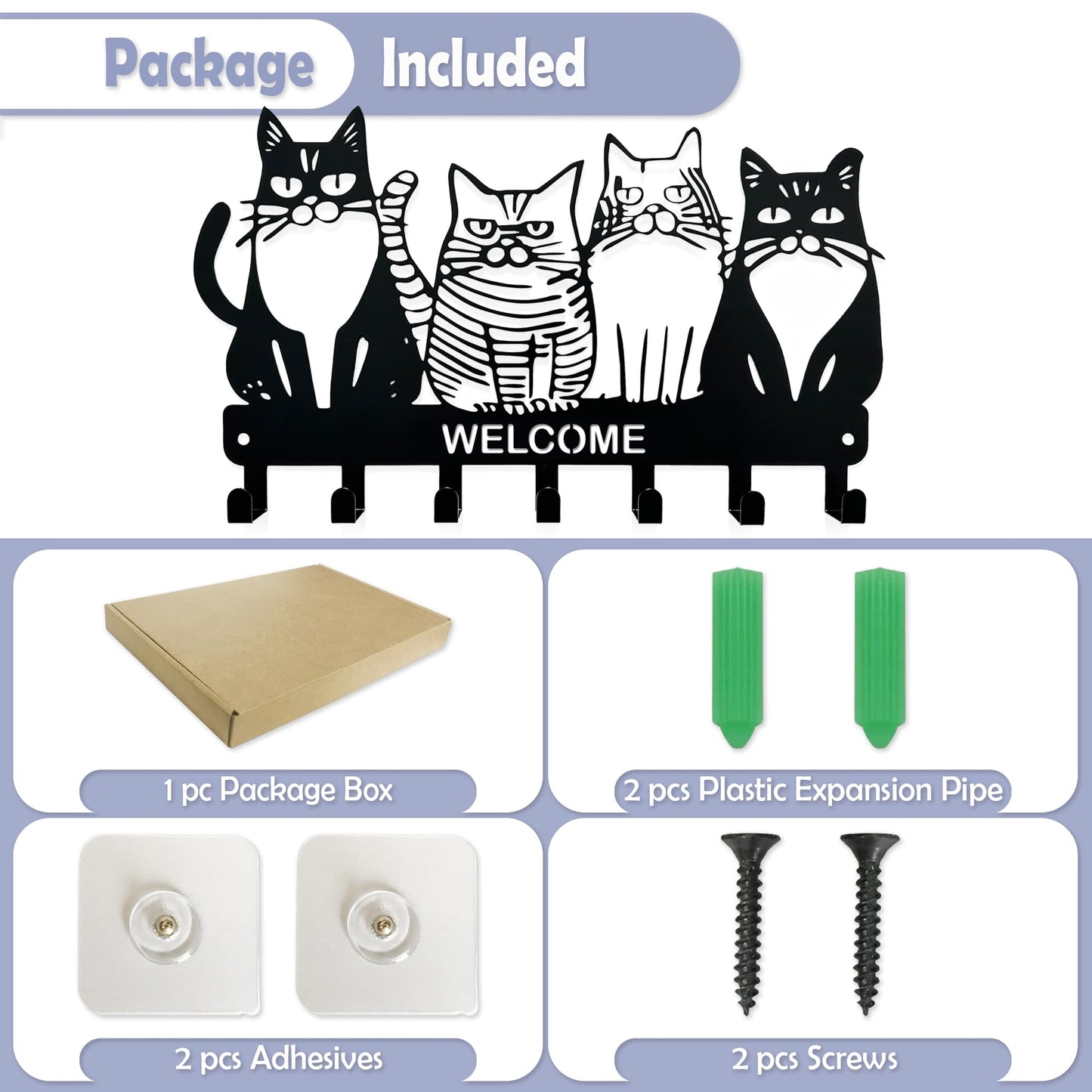 Cat Wall-Mounted Key Holder | 6-Hook No-Drill Entryway Key Rack, Metal Wall Hook for Kitchen, Bathroom & Home Organization
