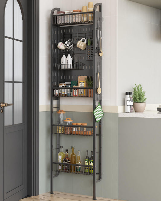 Ultra-Slim Over-the-Door Storage Rack | No-Drill Door-Back Organizer, Multi-Tier Kitchen & Bathroom Storage Rack with Hooks and Cup Holders