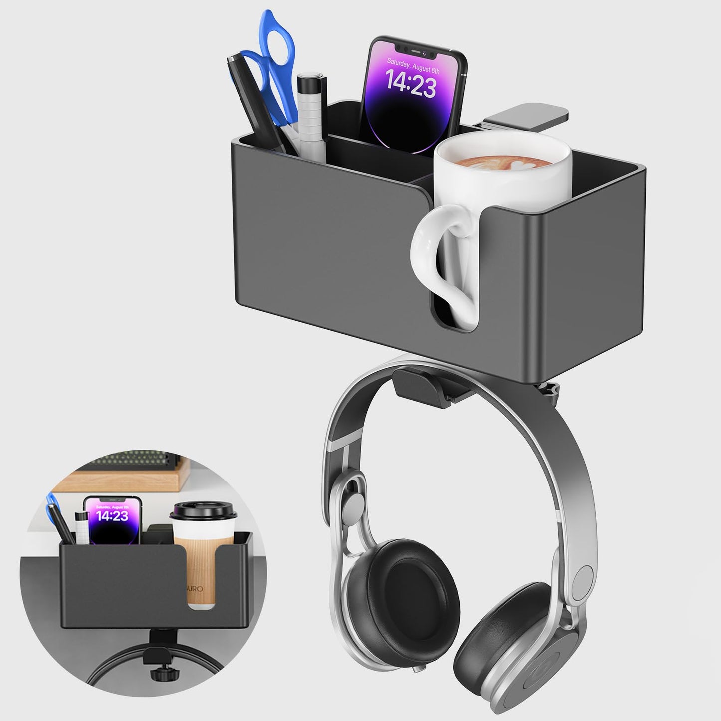 Clamp-On 4-in-1 Desk Organizer | Headphone Hook + Phone Stand + Cup Holder + Pen Storage, No-Drill Adjustable Side-Mount Desk Organizer