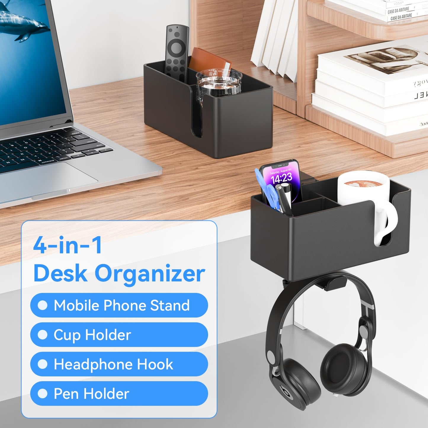 Clamp-On 4-in-1 Desk Organizer | Headphone Hook + Phone Stand + Cup Holder + Pen Storage, No-Drill Adjustable Side-Mount Desk Organizer