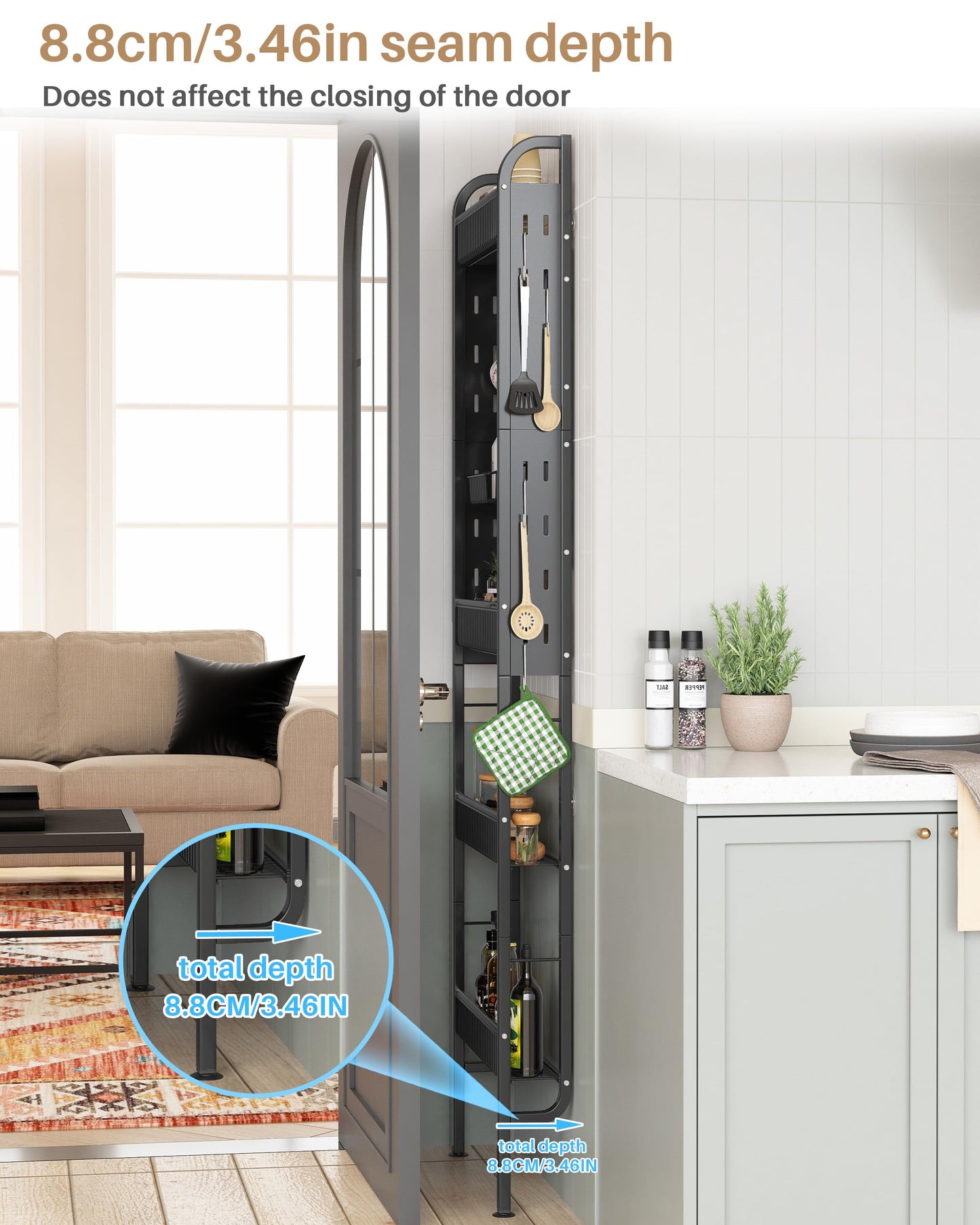 Ultra-Slim Over-the-Door Storage Rack | No-Drill Door-Back Organizer, Multi-Tier Kitchen & Bathroom Storage Rack with Hooks and Cup Holders