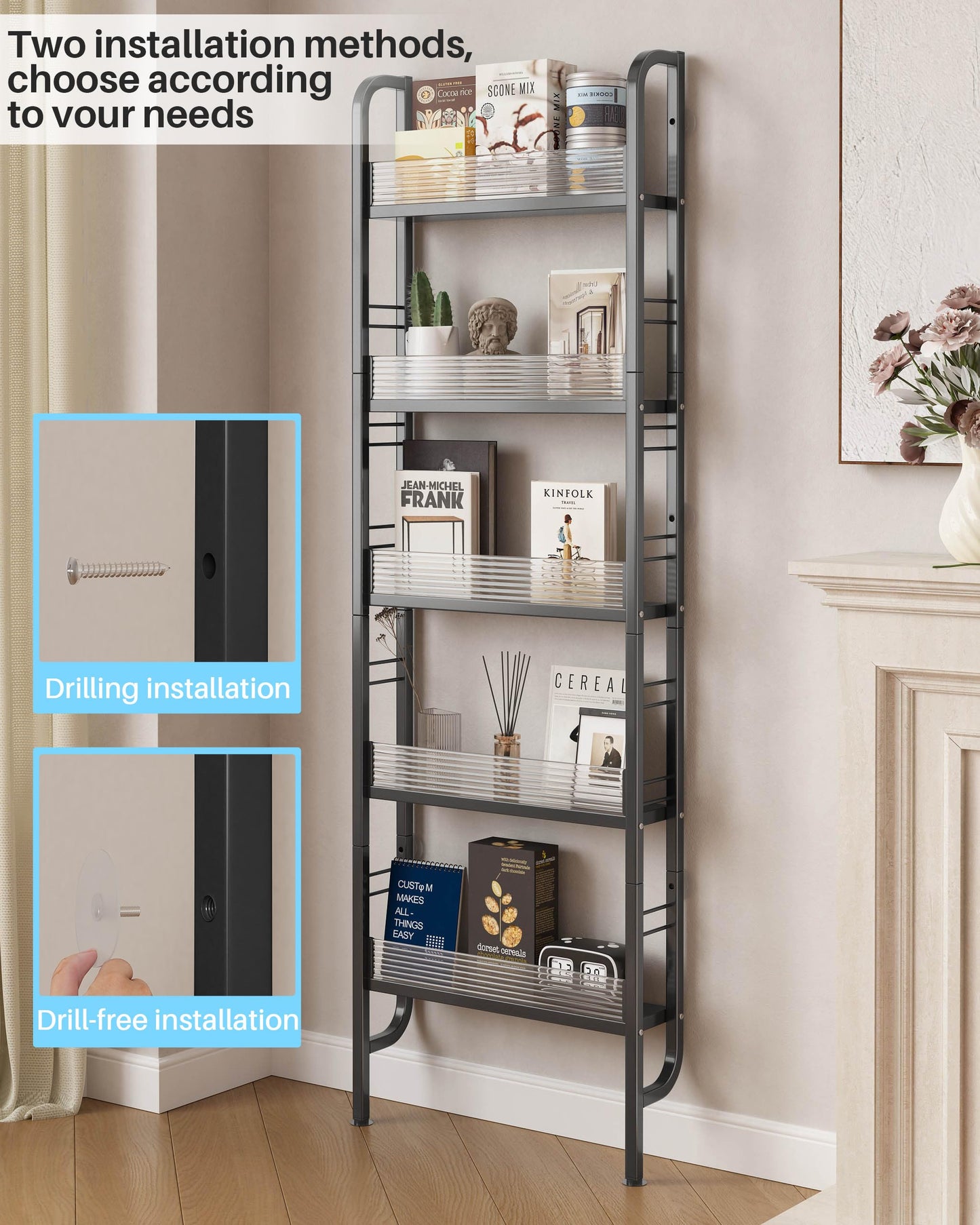 Ultra-Slim Wall-Mounted Storage Rack | No-Drill Multi-Tier Narrow Storage Shelf for Kitchen, Bathroom, Bedroom & Small Spaces
