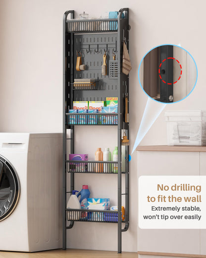 Ultra-Slim Over-the-Door Storage Rack | No-Drill Door-Back Organizer, Multi-Tier Kitchen & Bathroom Storage Rack with Hooks and Cup Holders