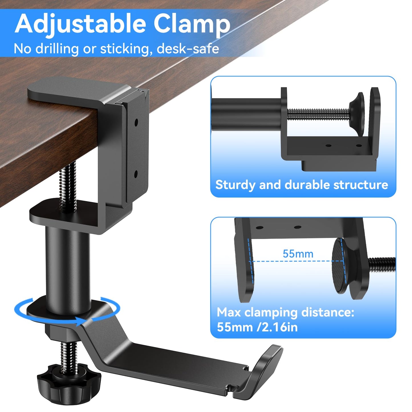 Clamp-On 4-in-1 Desk Organizer | Headphone Hook + Phone Stand + Cup Holder + Pen Storage, No-Drill Adjustable Side-Mount Desk Organizer