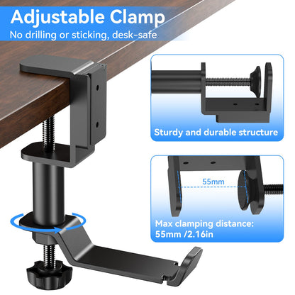 Clamp-On 4-in-1 Desk Organizer | Headphone Hook + Phone Stand + Cup Holder + Pen Storage, No-Drill Adjustable Side-Mount Desk Organizer