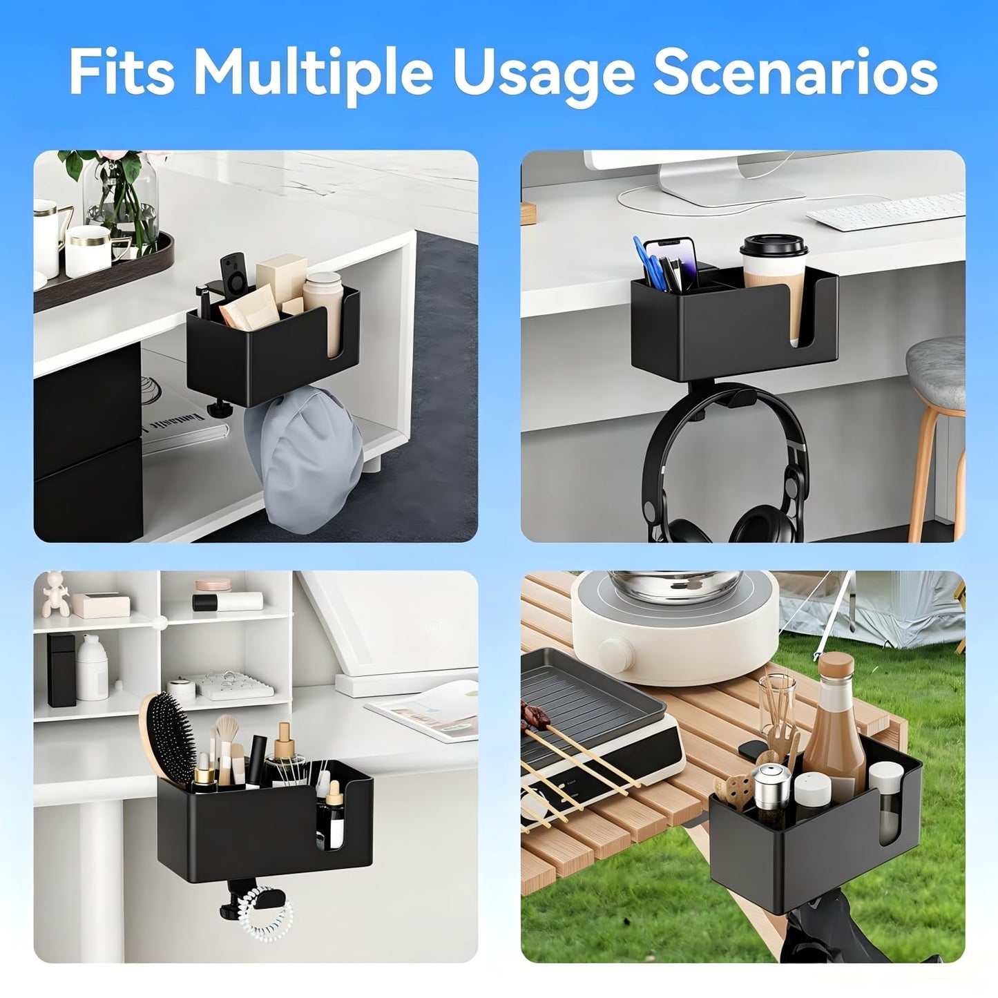 Clamp-On 4-in-1 Desk Organizer | Headphone Hook + Phone Stand + Cup Holder + Pen Storage, No-Drill Adjustable Side-Mount Desk Organizer