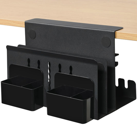 Clamp-On Double-Layer Under-Desk Organizer | No-Drill Desk-Side File Storage Rack with Cable Management Tray, Pen Holders & Tablet Organizer